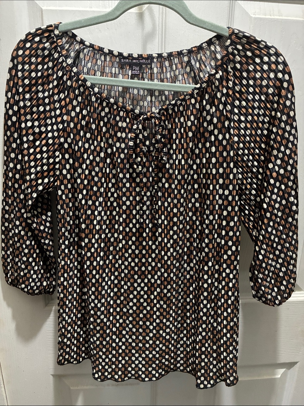 Sara Michelle Black Brown and White Dot Peasant Blouse